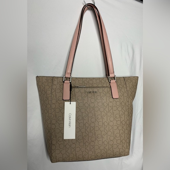 NWT Calvin Klein Monogram Tan Purse Shoulder Bag Pink Straps Gold Hardware